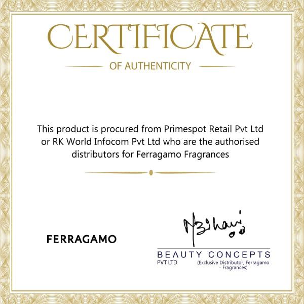 Certificaat. Tekst: CERTIFICATE OF AUTHENTICITY. Handtekening en tekst: FERRAGAMO, BEAUTY CONCEPTS PVT LTD.