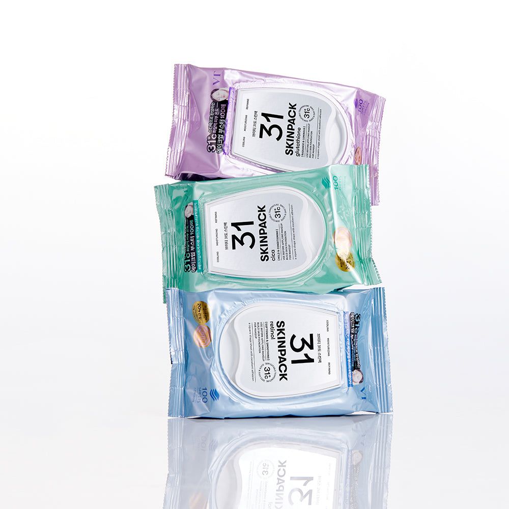 Stapel VT Cosmetics Cica Skin Pack doekjes in verschillende kleuren.