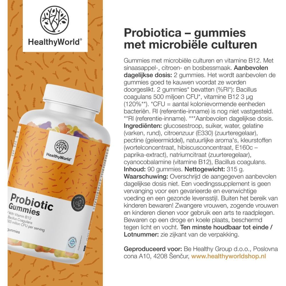 Fles Probiotic Gummis. Tekst: Probiotica - gummies met microbiële culturen. Productinformatie.