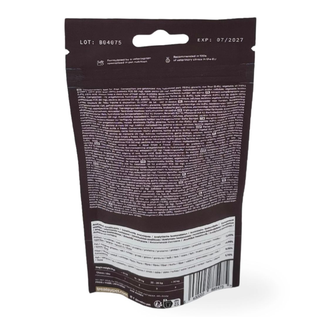 Dos du sachet de complément alimentaire. Texte et ingrédients. Date de péremption : 07/2027.