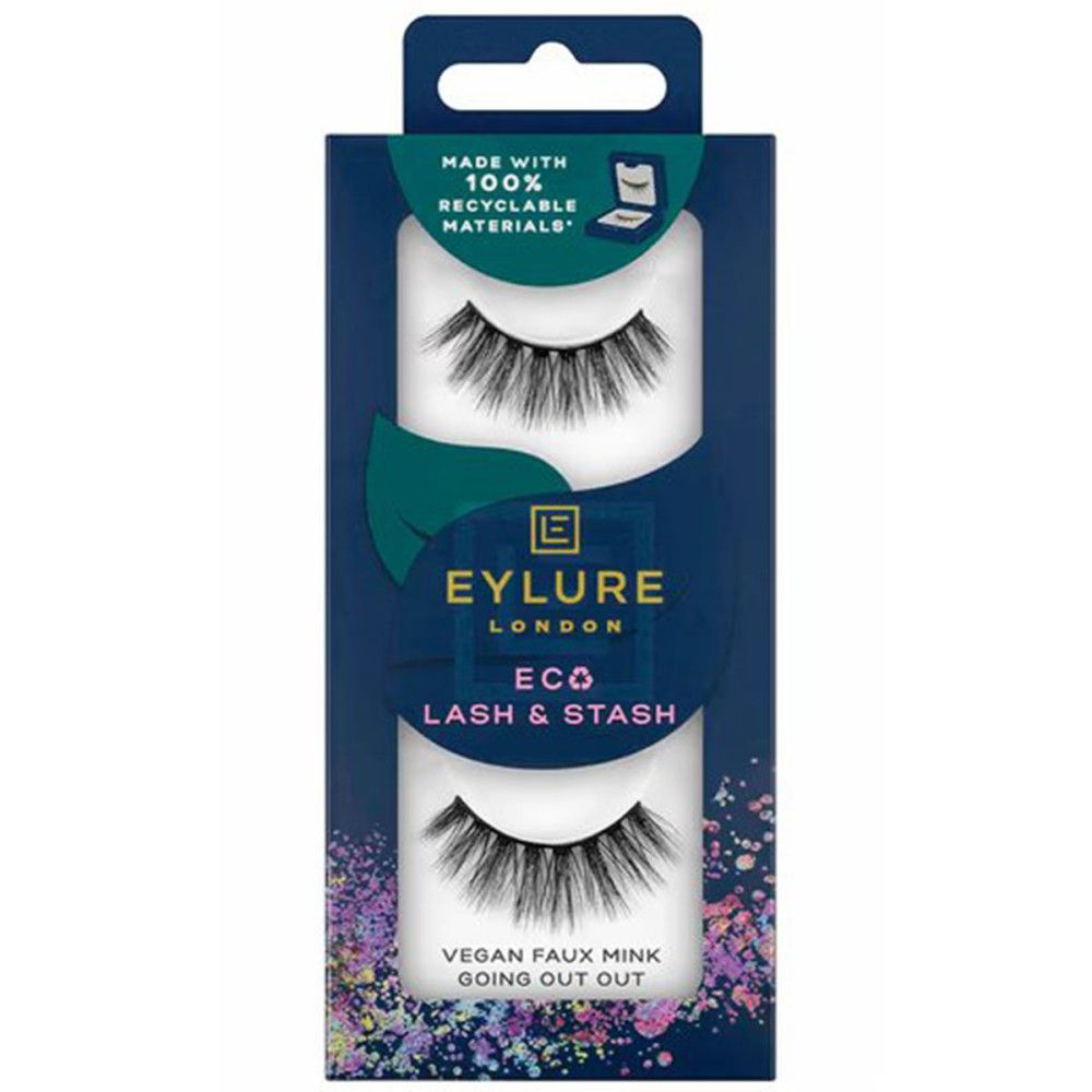Verpakking met valse wimpers van Eylure London. Bevat twee paar wimpers. Tekst: Eco Lash & Stash, Vegan Faux Mink.