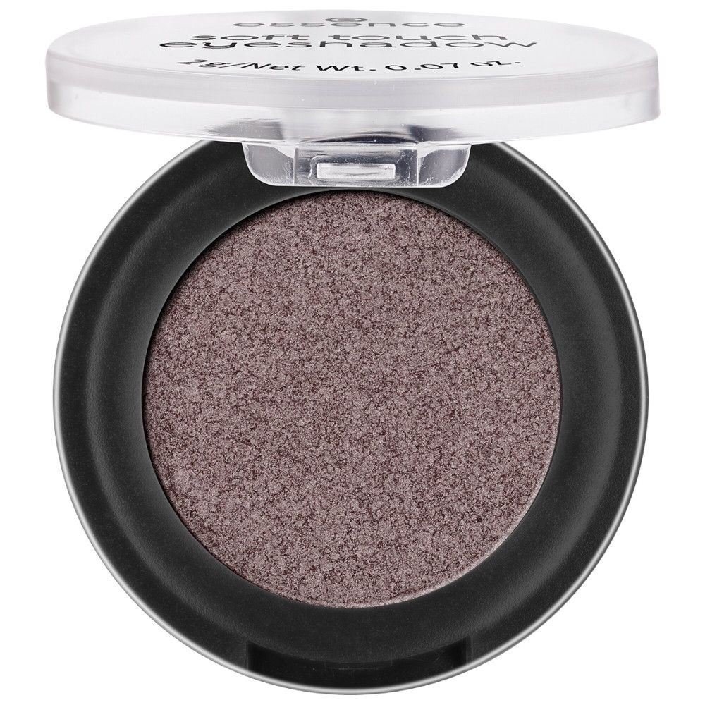 Ronde oogschaduw in een zwarte houder met transparant deksel. De oogschaduw is grijsbruin.