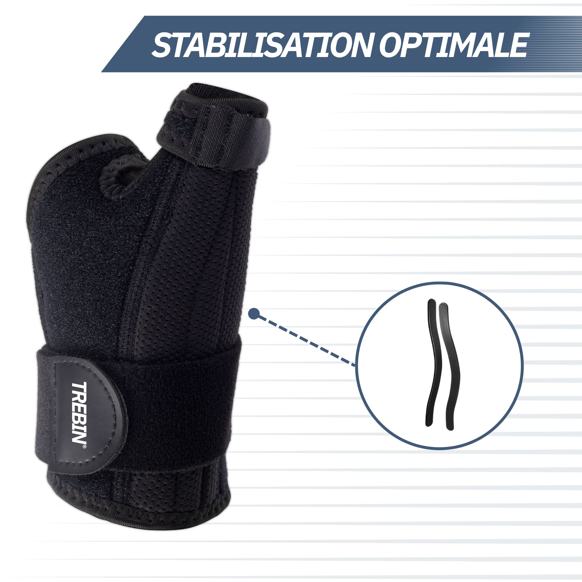 Orthèse de poignet noire avec support de pouce et fermeture velcro pour une stabilisation optimale.