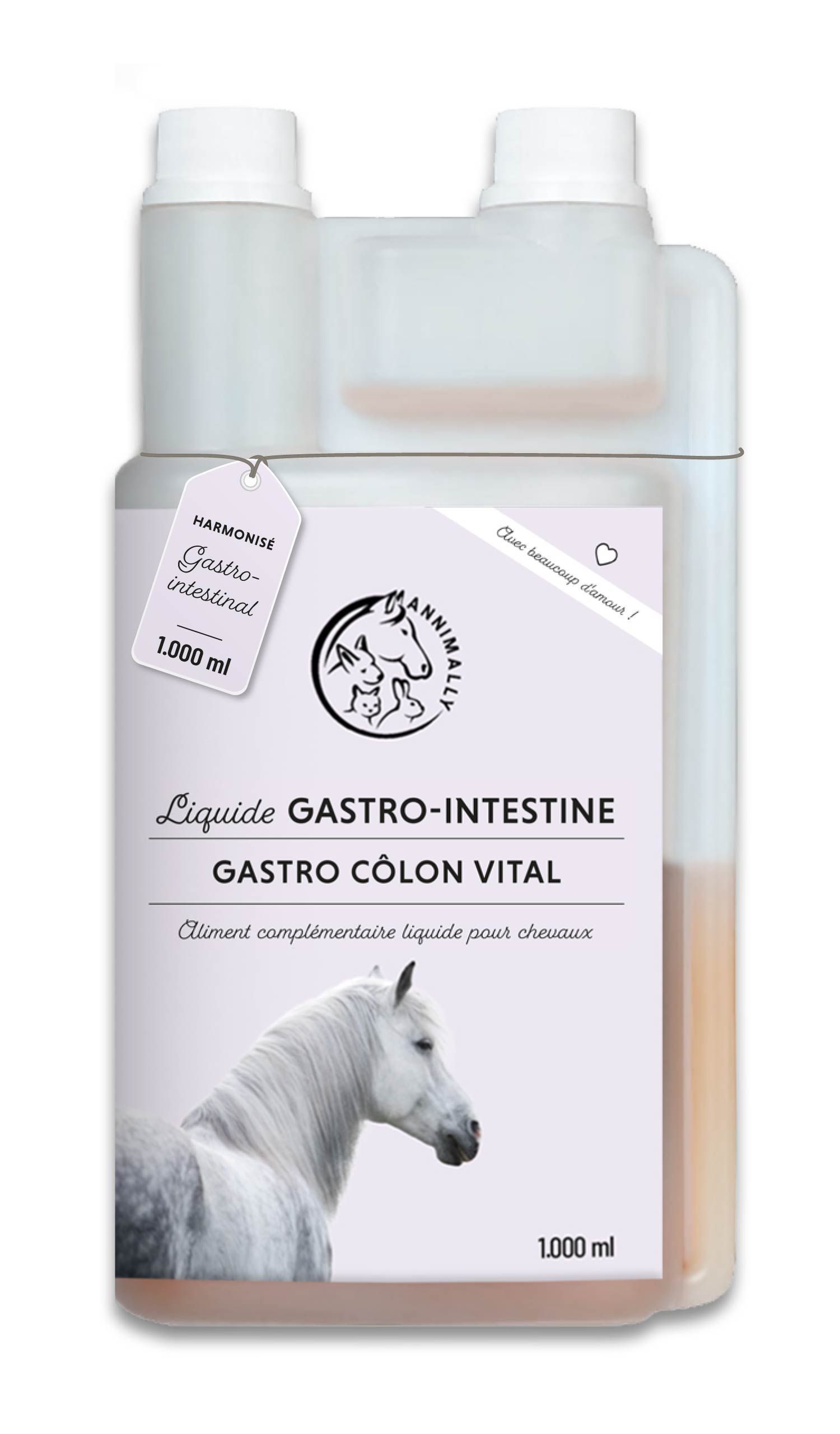 Flacon de liquide. Inscription: Magen-Darm Liquid, Gastro Colon Vital. Logo cheval.