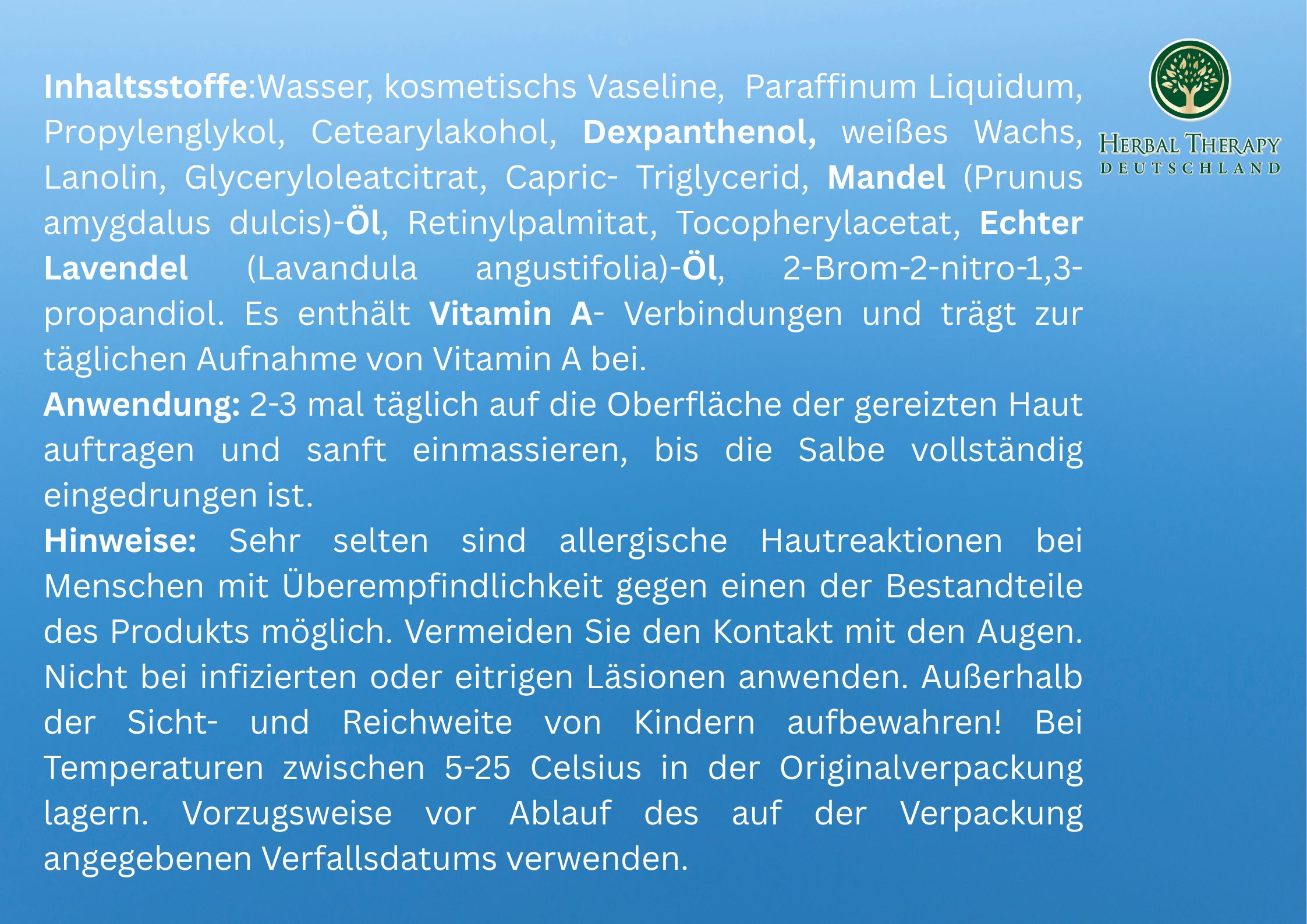 Texte avec ingrédients et instructions d'utilisation pour Herbal Therapy Dexpanthen Plus. Contient de la vitamine A et de l'huile de lavande.