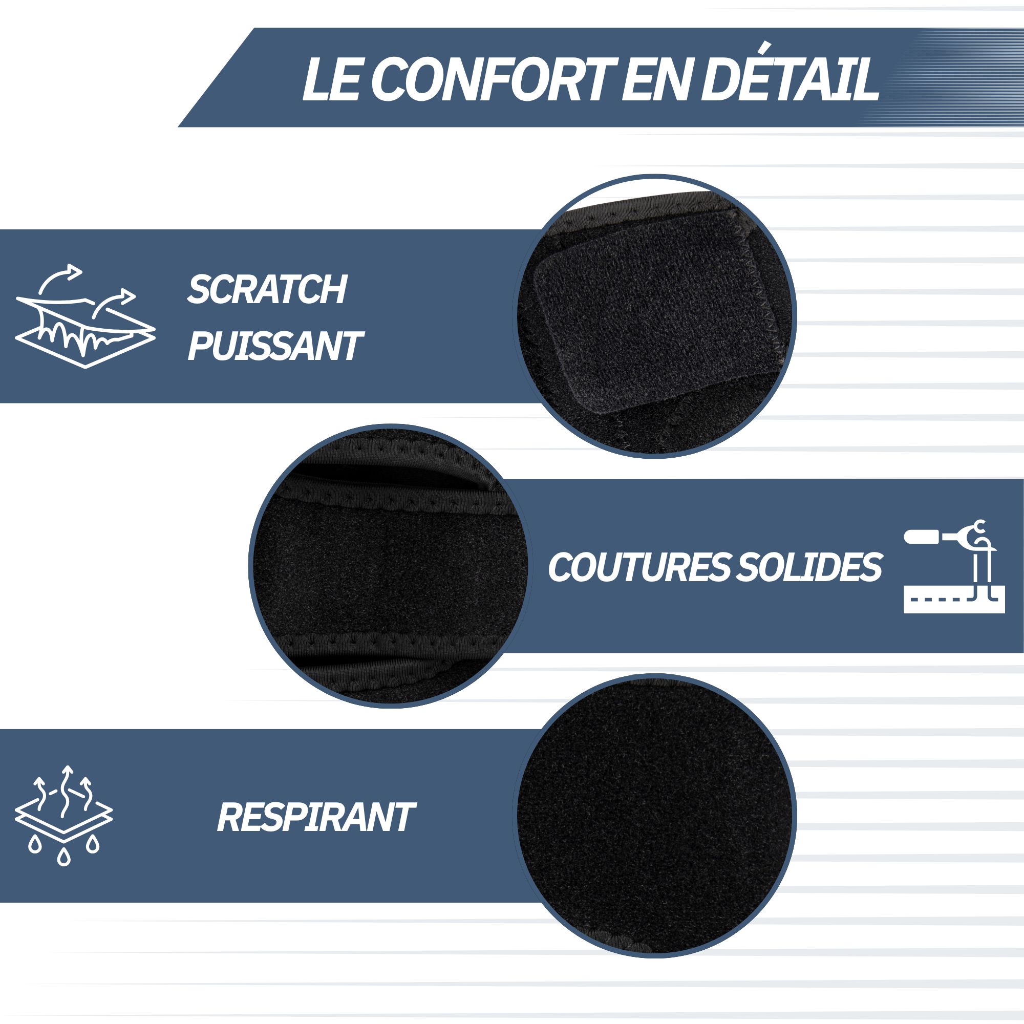 Détails d'une genouillère noire : velcro puissant, coutures solides, respirant.