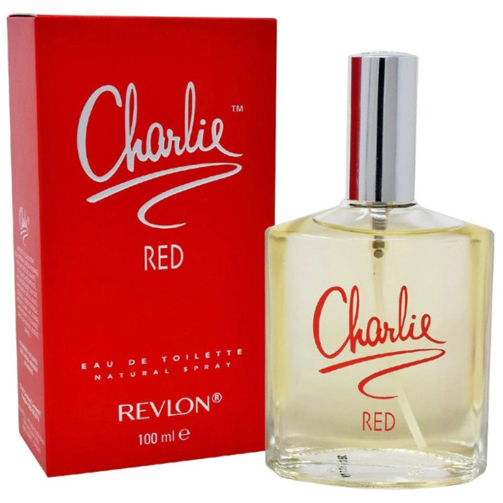 Boîte rouge et flacon. Flacon avec inscription rouge 'Charlie RED'.