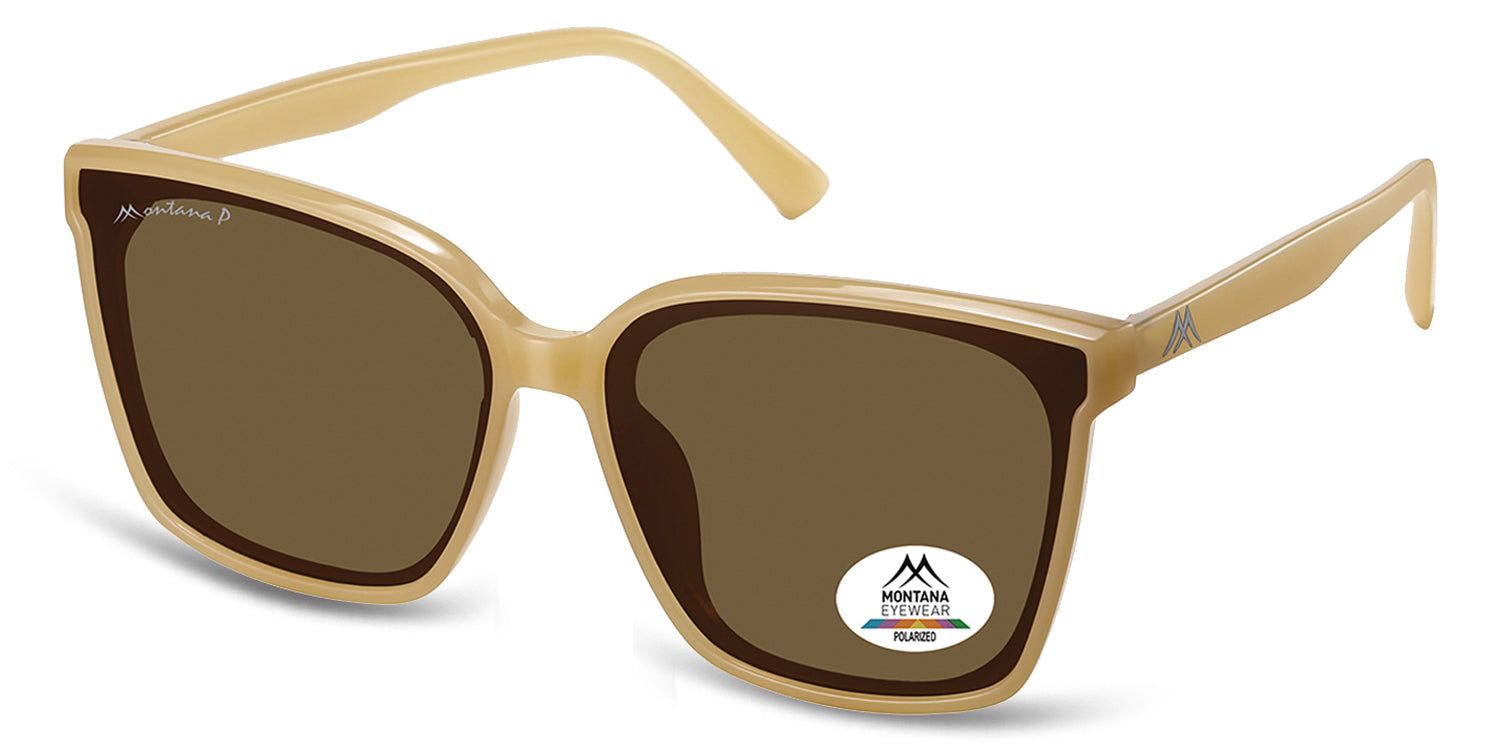 Lunettes de soleil marron et beige. Logo Montana Eyewear et autocollant de polarisation.