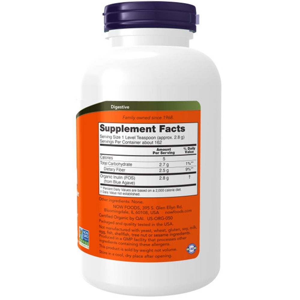 Dos du flacon d'inuline. Étiquette orange avec informations nutritionnelles. Fond blanc. Contient des informations sur les ingrédients et la valeur nutritionnelle.