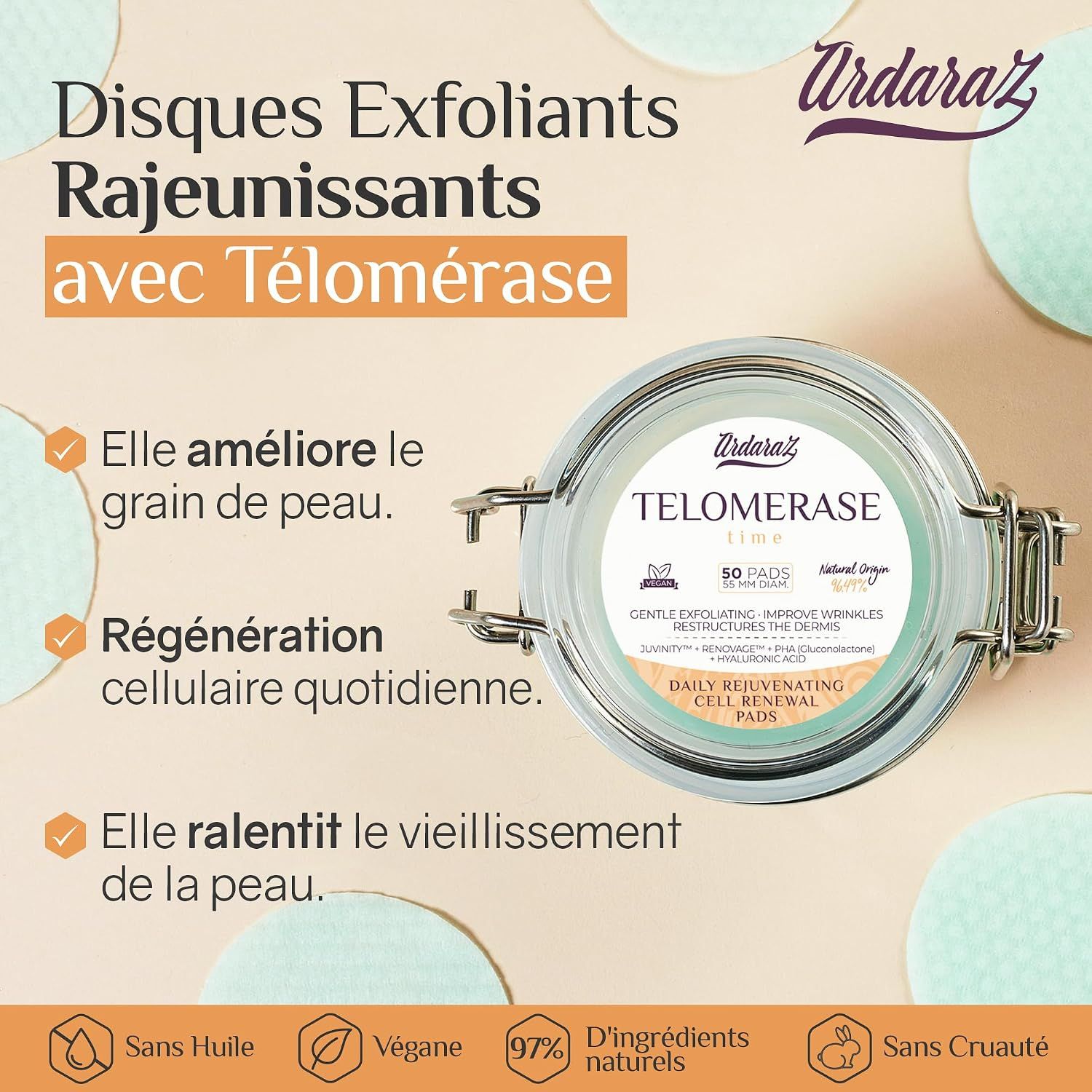 Disques Ardaraz Exfoliants Régénérants à la Télomérase. Améliore le grain de peau.