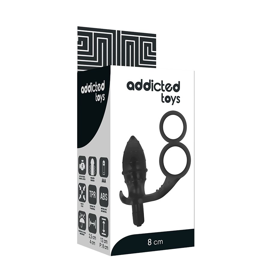 Verpakking van een zwarte anale plug met dubbele peniele ring, met productkenmerken.