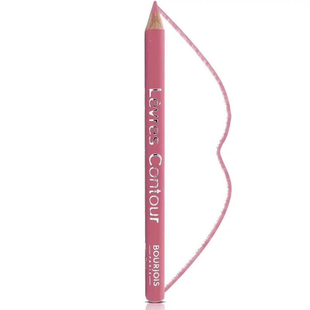 Roze lipliner met opschrift "Lèvres Contour" en "Bourjois Paris". Punt en contourlijn zichtbaar.
