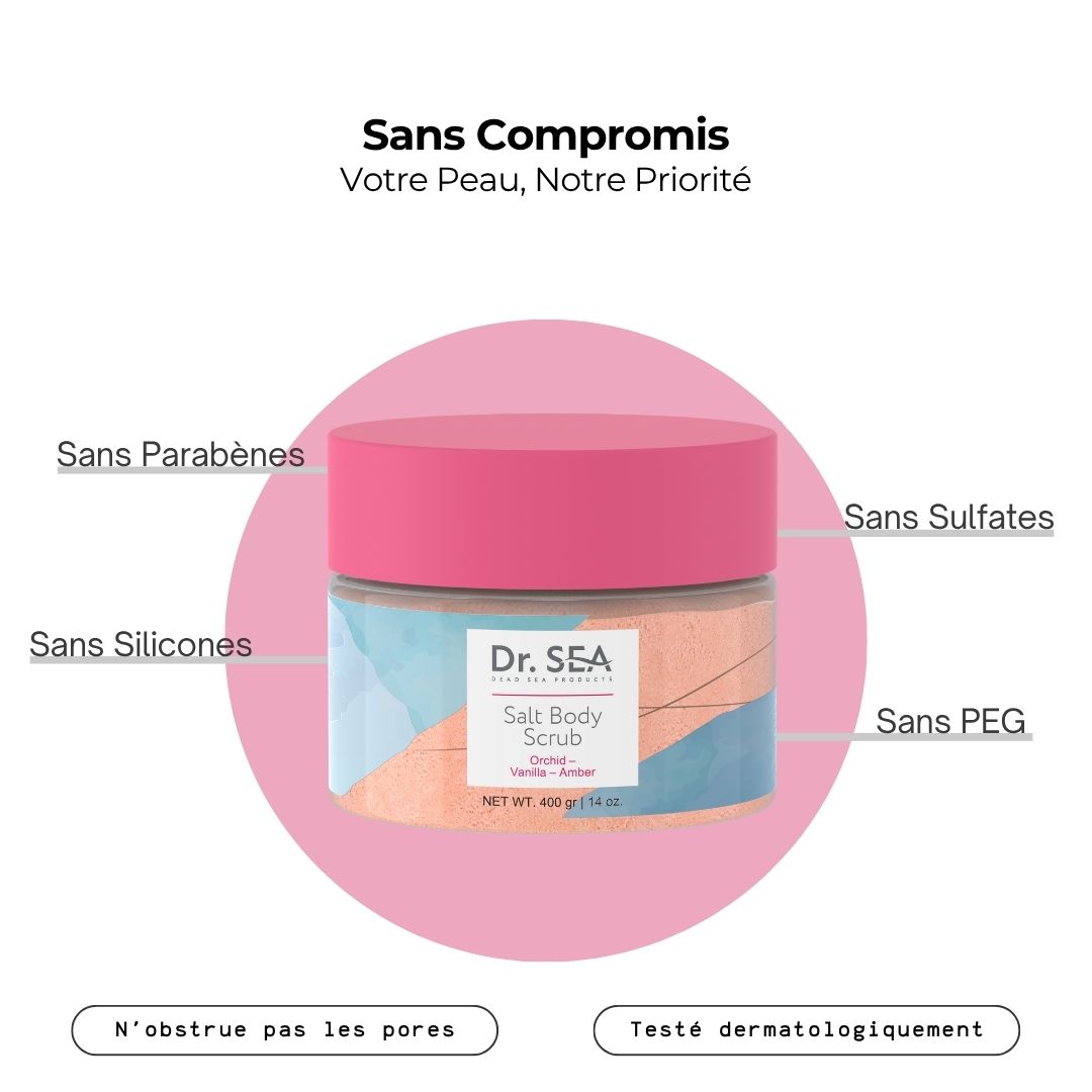 Produit : Dr. SEA Salt Body Scrub. Texte : Sans compromis. Sans parabènes, sulfates, silicones, PEG. Testé dermatologiquement.
