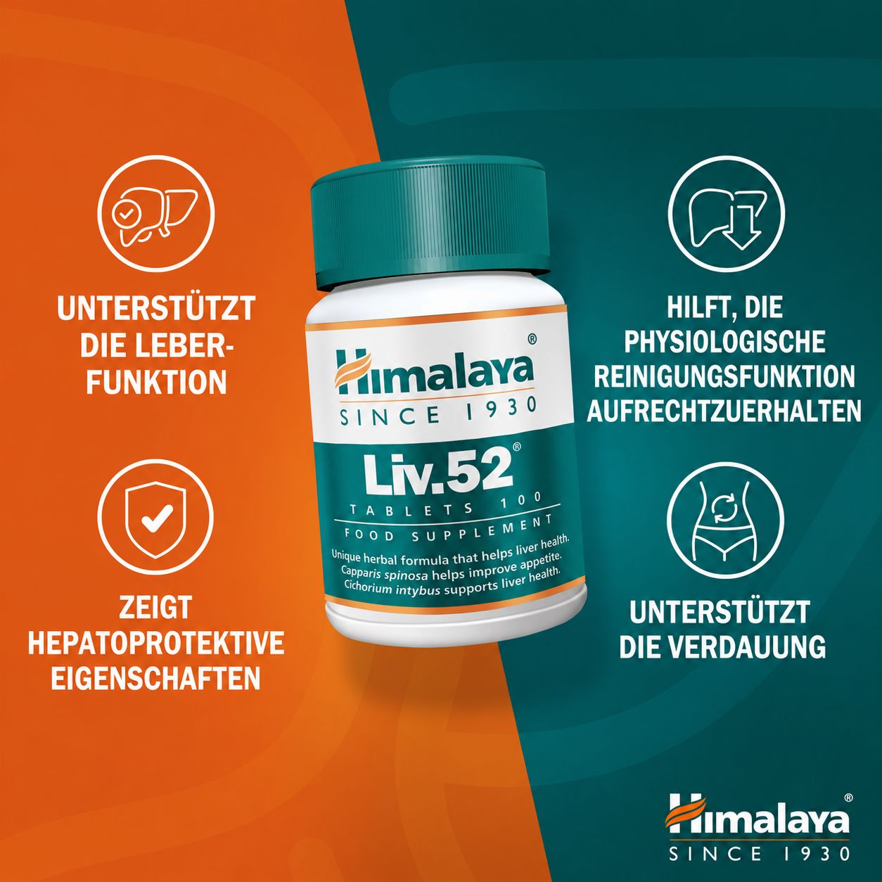 Himalaya Liv.52 Tabletten: Fles met iconen voor leverfunctie, spijsvertering en bescherming.