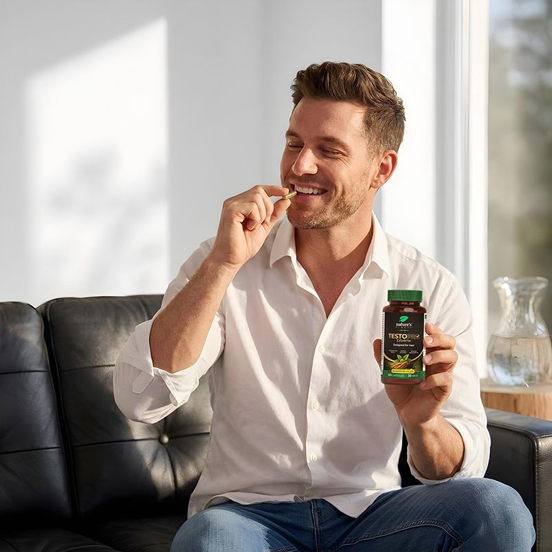 Un homme prend une capsule, tenant une bouteille de Nature's Finest TestoPRO Extreme.