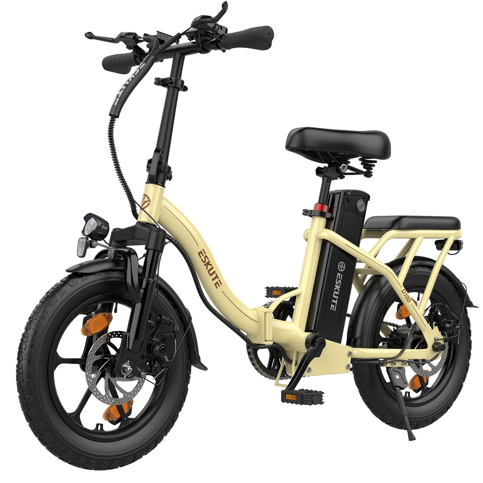 Vélo électrique pliable beige. Pneus, selle et guidon noirs. Marque ESKUTE.