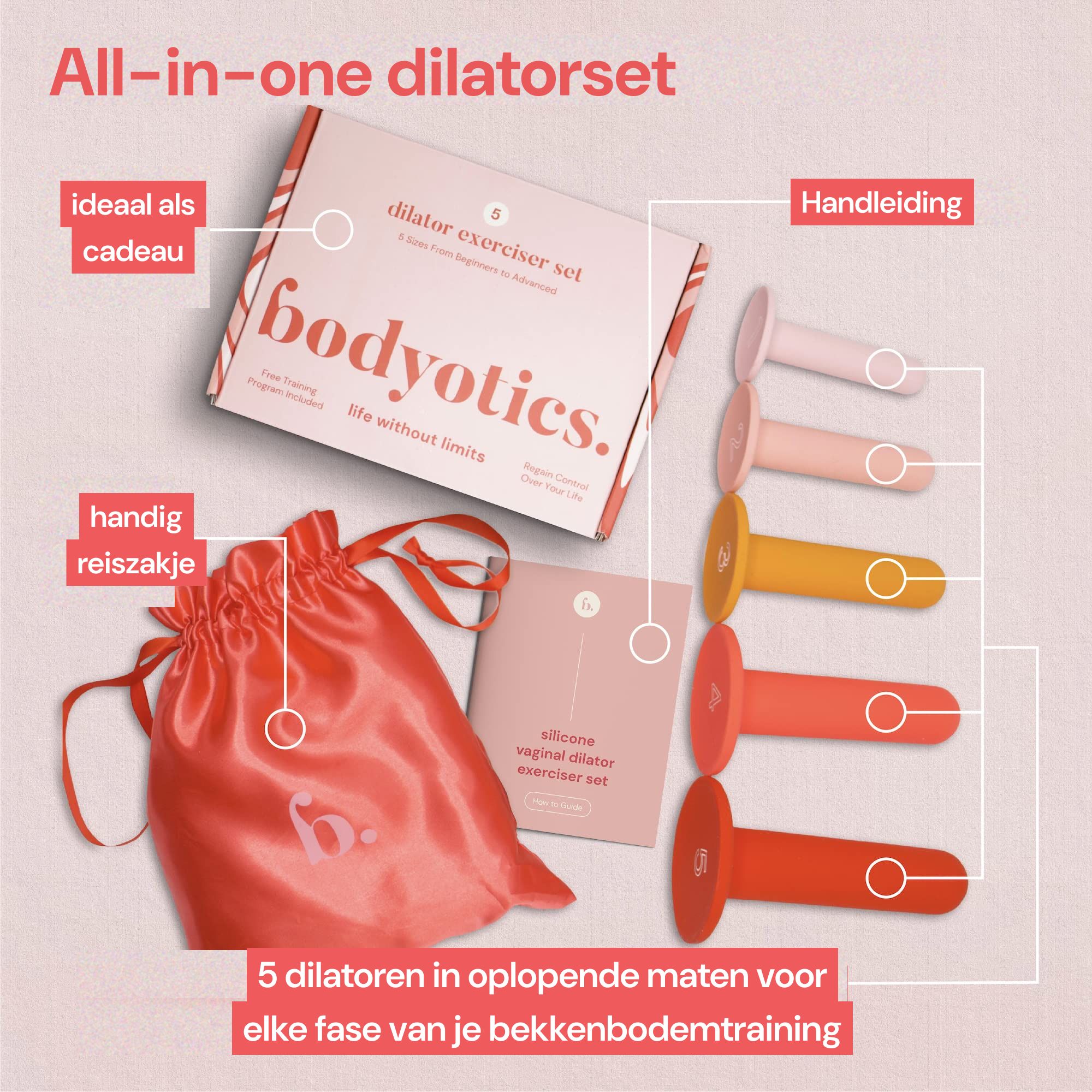 Maattabel voor siliconen dilators met lengte-, omtrek- en gewichtsgegevens.