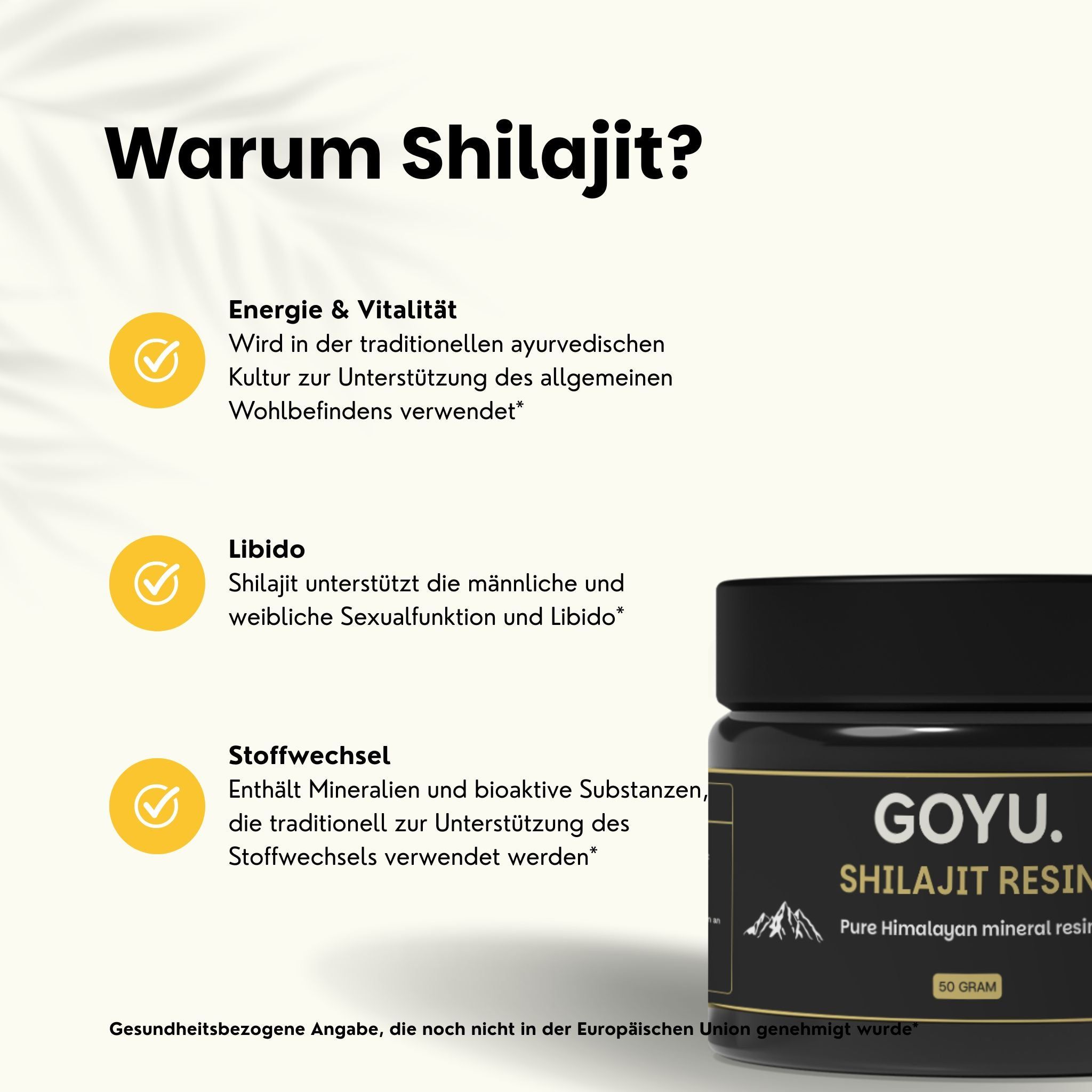 Zwart potje met GOYU Shilajit hars, 50 gram. Etiket met bergen en "Pure Himalayan mineral resin".
