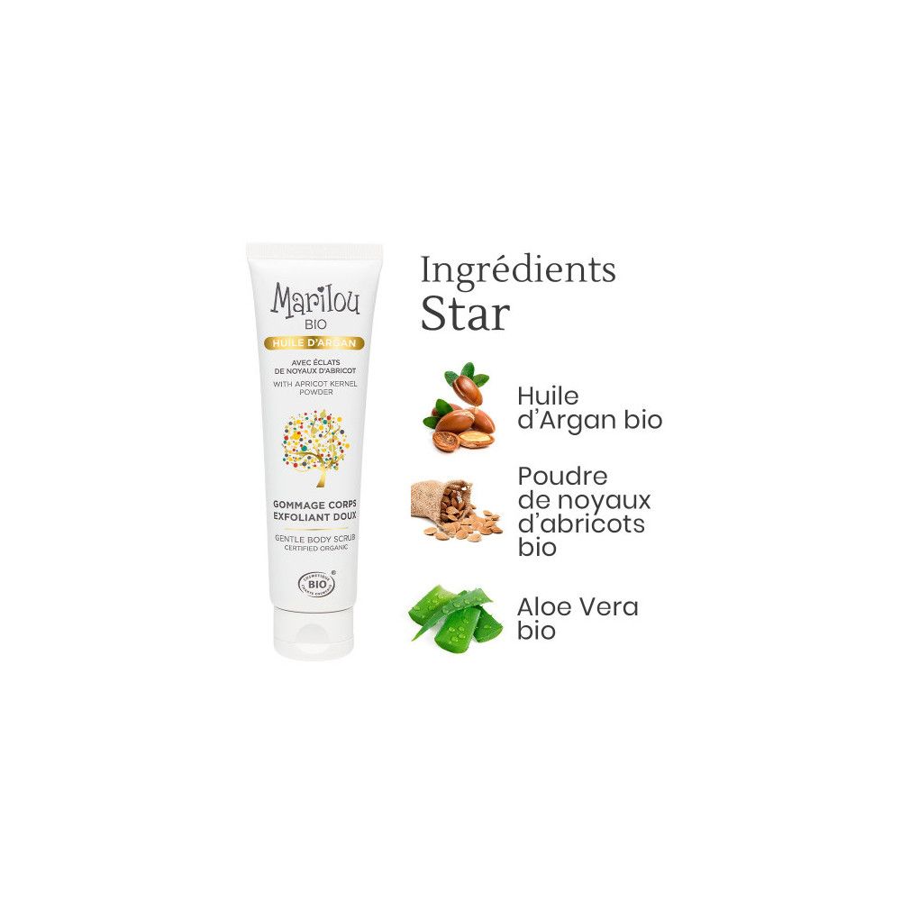 Tube blanc Marilou Bio avec ingrédients: huile d'argan, noyau d'abricot, aloe vera.