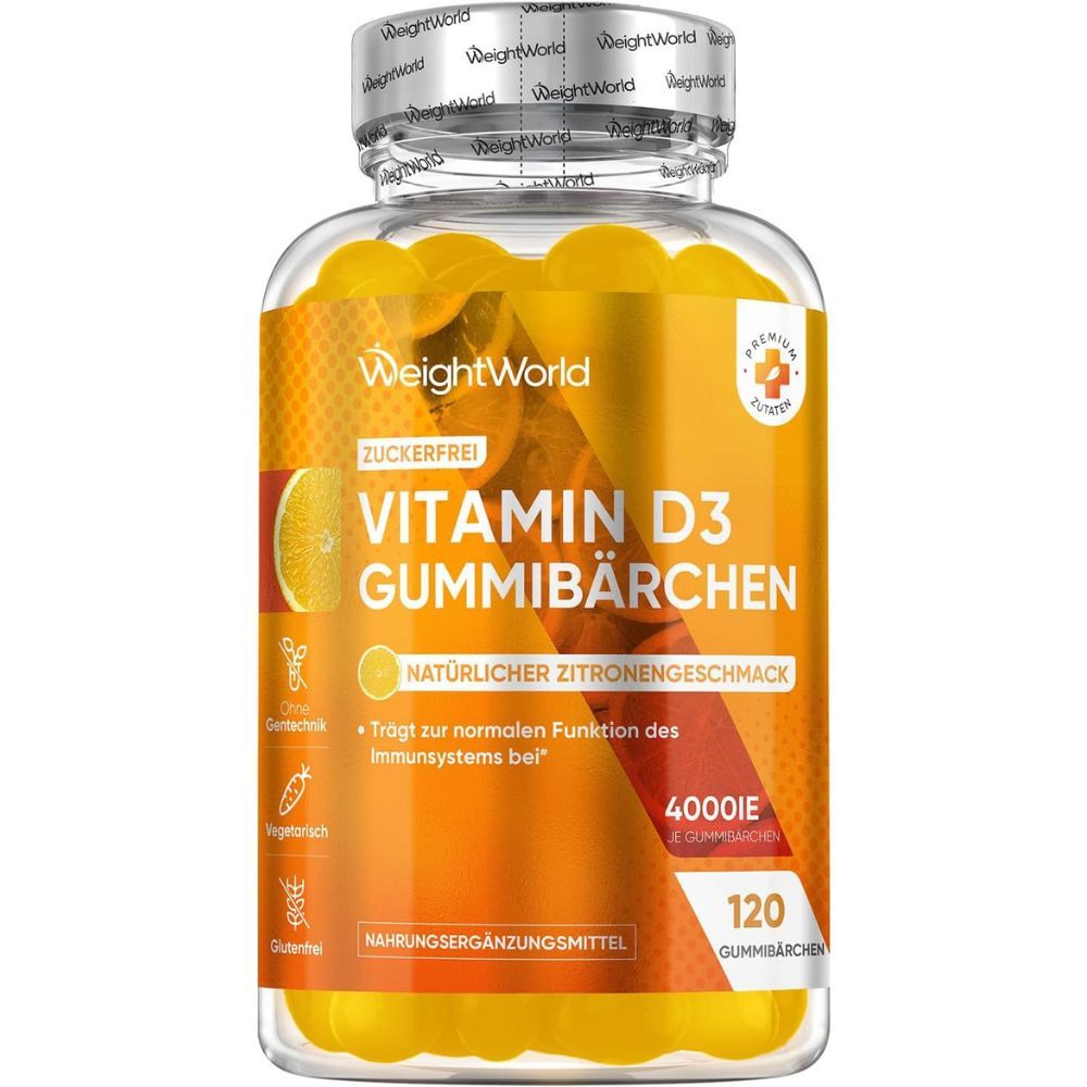 Flacon transparent de gommes. Inscription: Vitamine D3 Gummibärchen, 4000 IE, 120 gommes. Logo WeightWorld.
