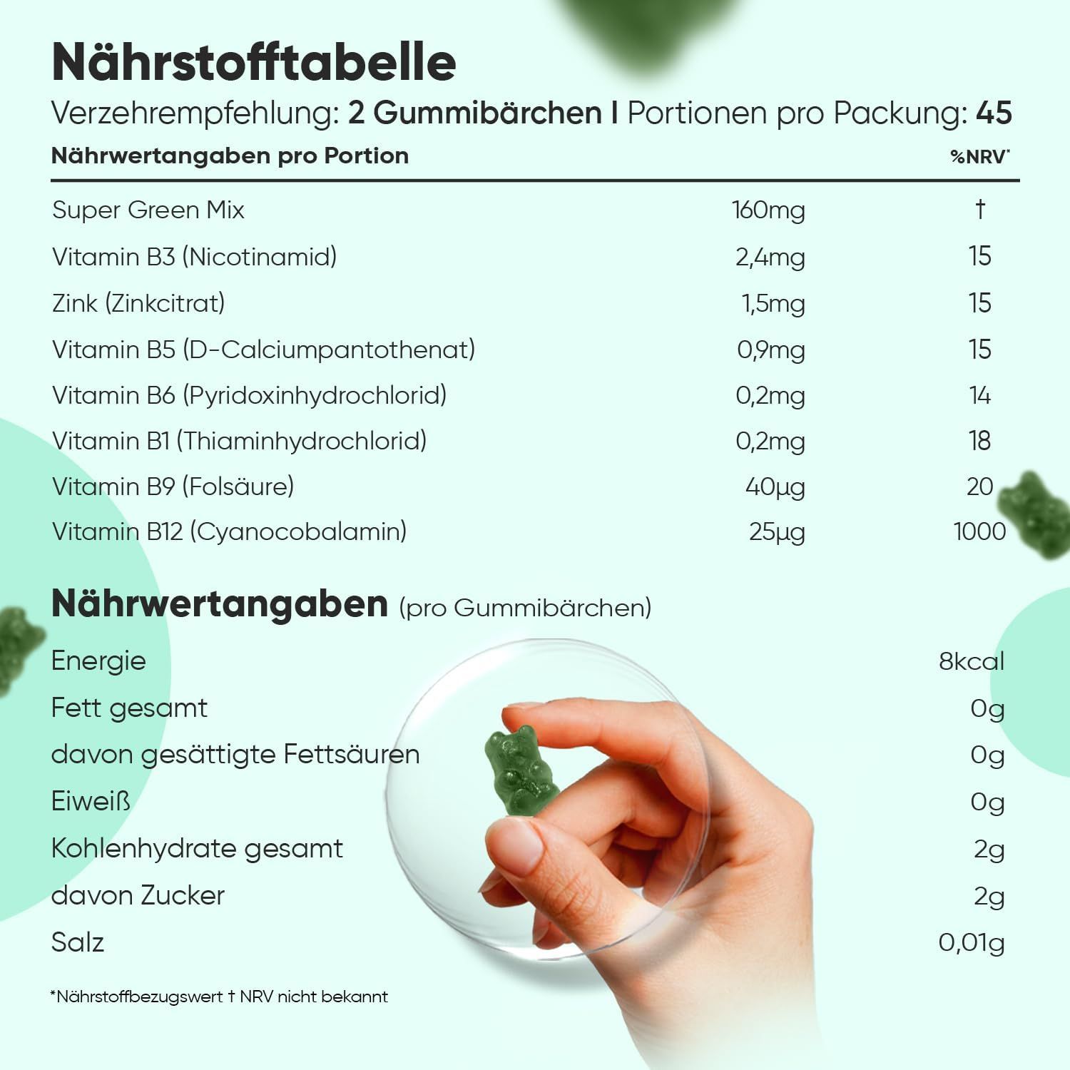 Tableau nutritionnel des WeightWorld Super Greens Gummibärchen. Contient des informations sur les ingrédients et les valeurs nutritionnelles.