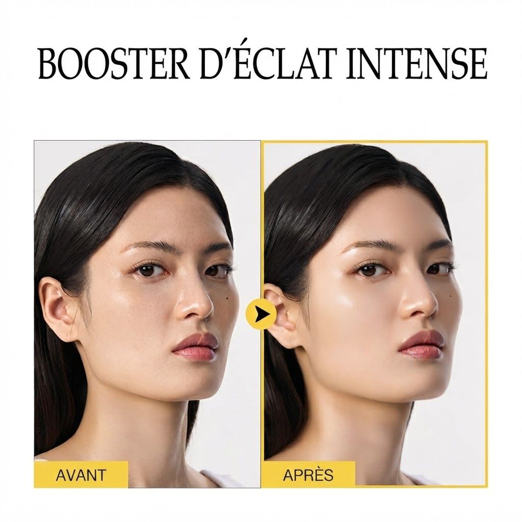 Comparaison avant-après d'une femme au teint clair montrant un éclat lumineux.