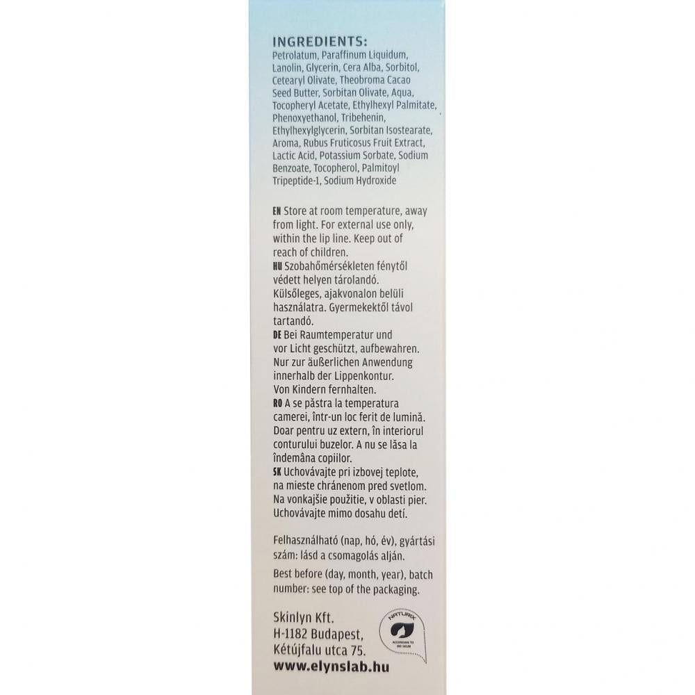 Zijaanzicht van de ELYN'S LAB Lip Hack verpakking met ingrediënten en bewaarinstructies.