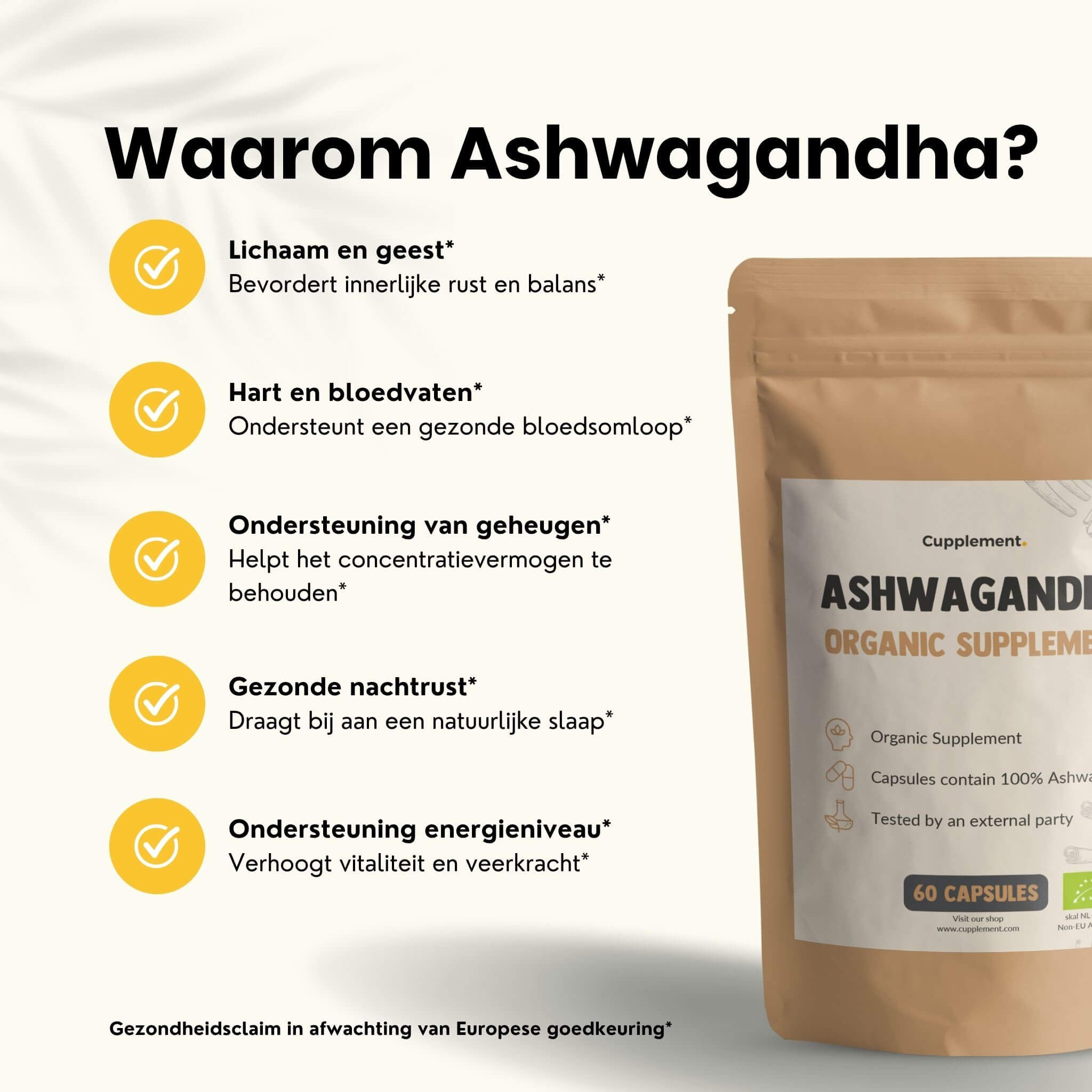 Zakje Ashwagandha capsules. Tekst: Ashwagandha Organic Supplement. 60 capsules. Gele markeringen met tekst.