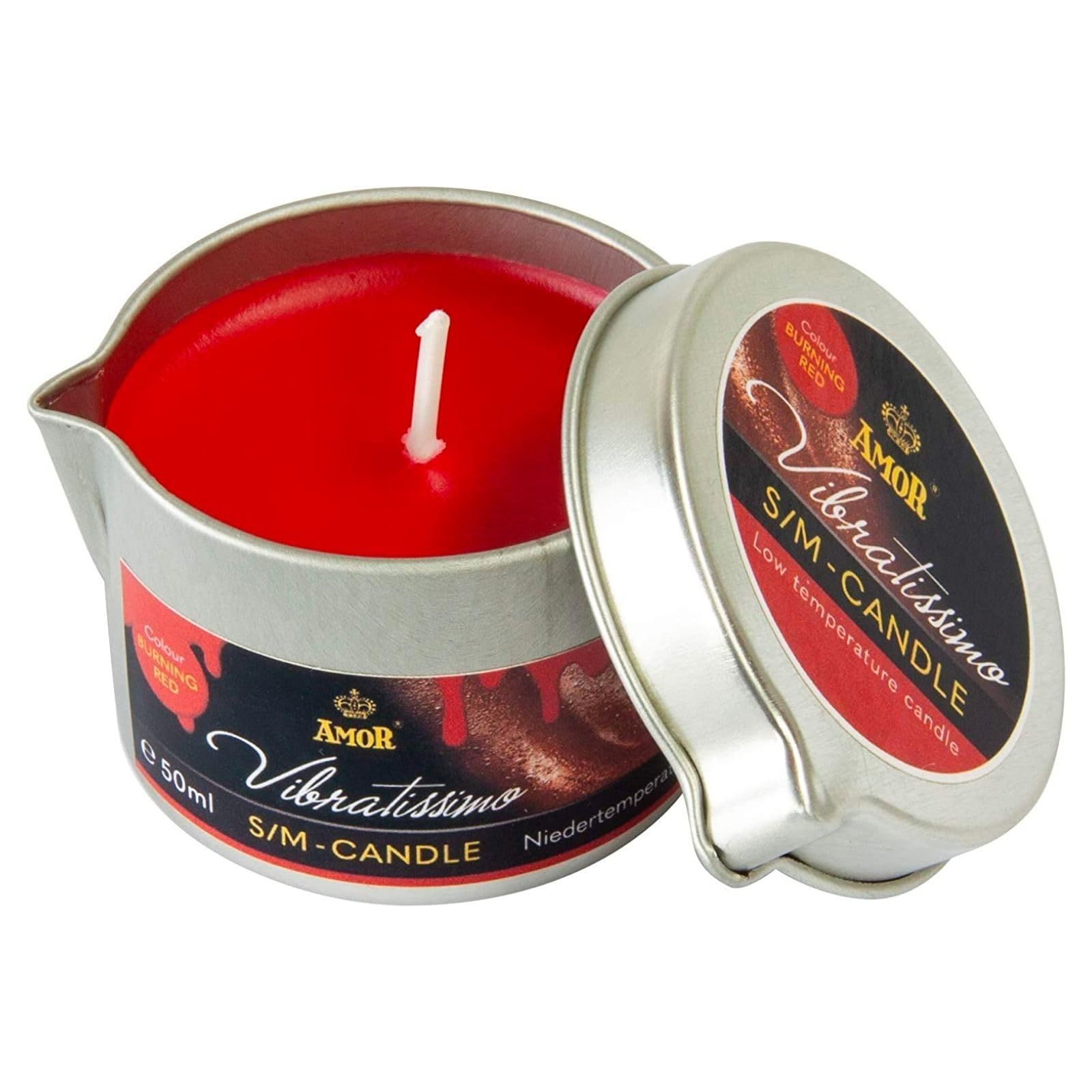 Bougie rouge dans une boîte métallique, "Vibratissimo S/M-CANDLE".