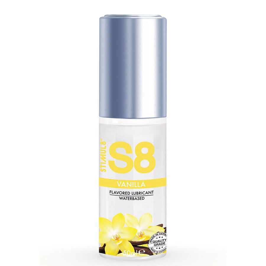 Gel lubrifiant Stimul8 S8 Vanille, à base d'eau, décor de fleurs de vanille.