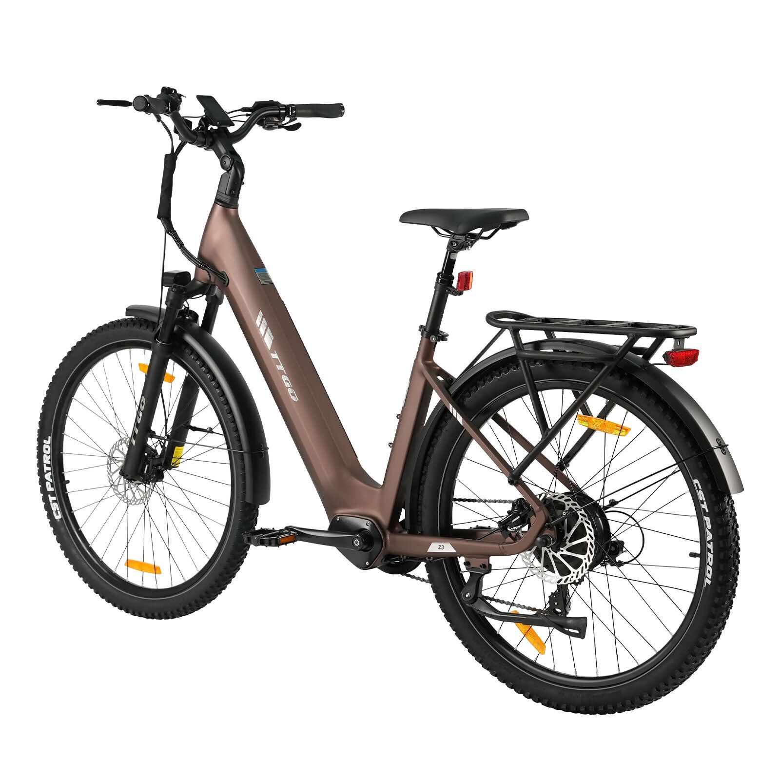 Bruine elektrische fiets met zwarte banden, spatborden en bagagedrager. Hydraulische schijfremmen.