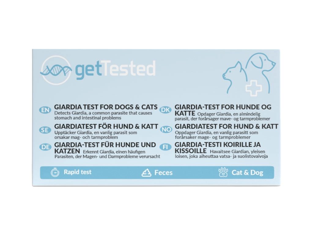 Blauwe kaart met tekst in verschillende talen. Bevat informatie over de Giardia-test voor honden en katten.