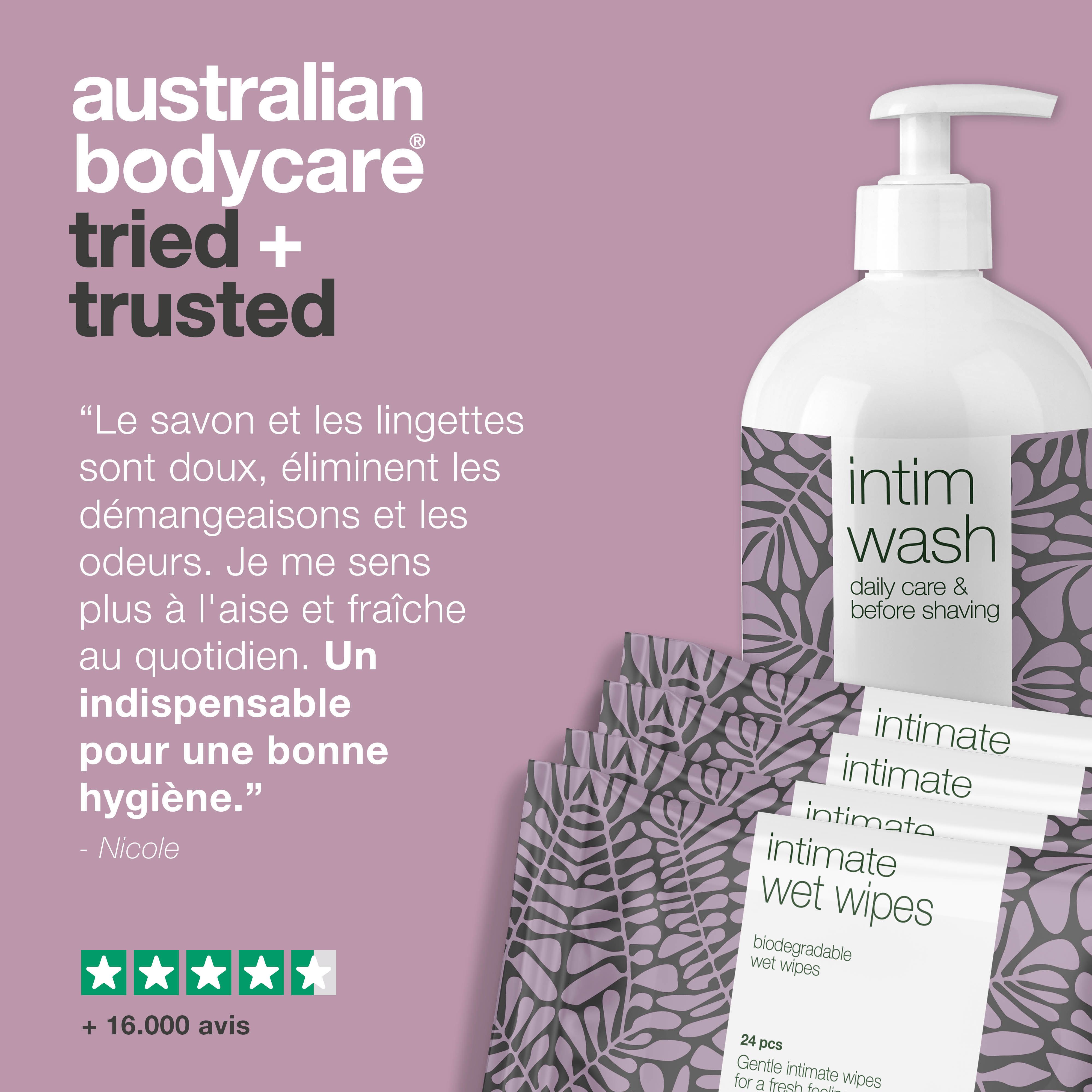Testé et approuvé. Nettoyant intime et lingettes. Fond violet. Australian Bodycare.