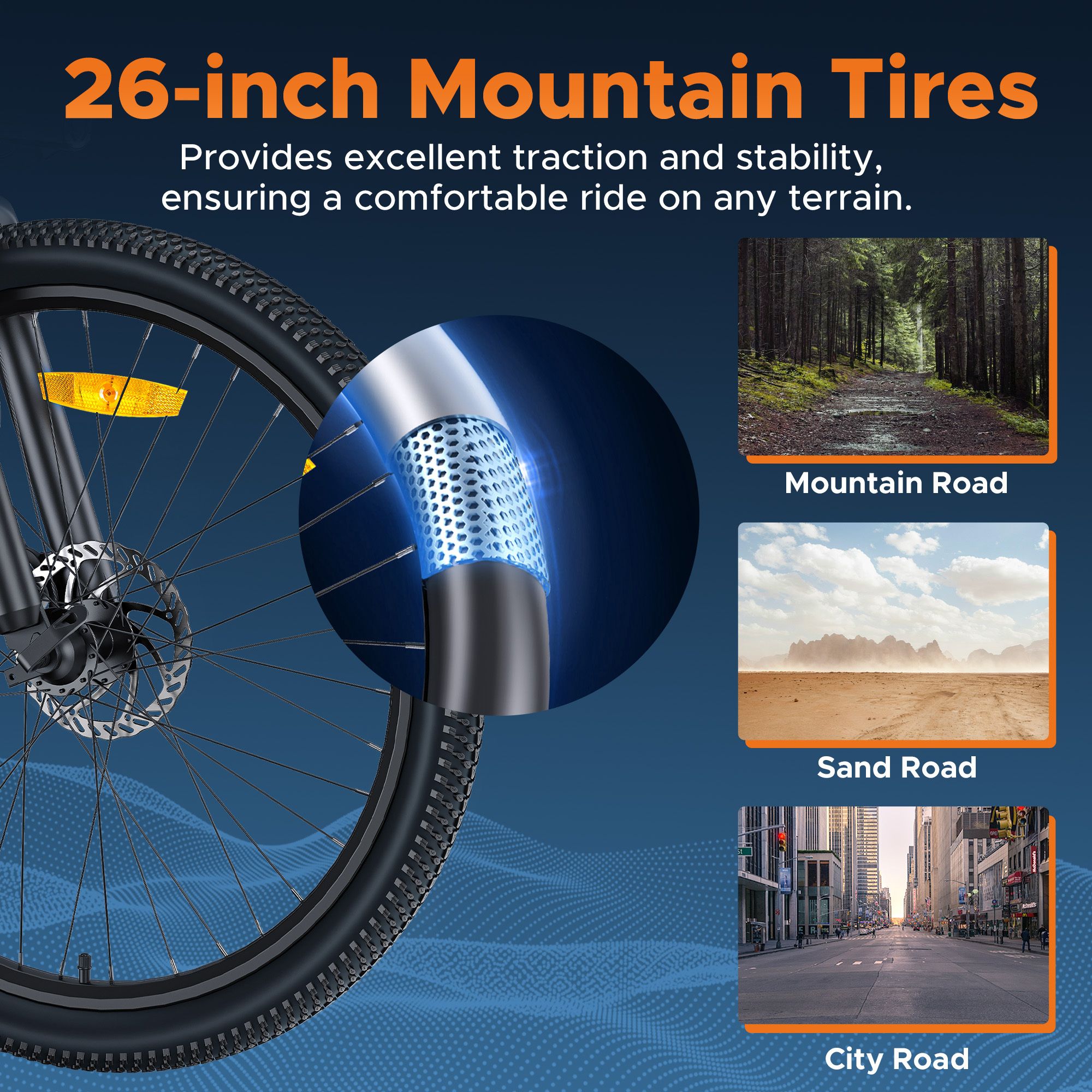 Afbeelding: 26-inch mountainbike banden. Bandenprofiel, close-up. Afbeeldingen van bos-, zand- en stadsstraten. Blauwe designelementen.