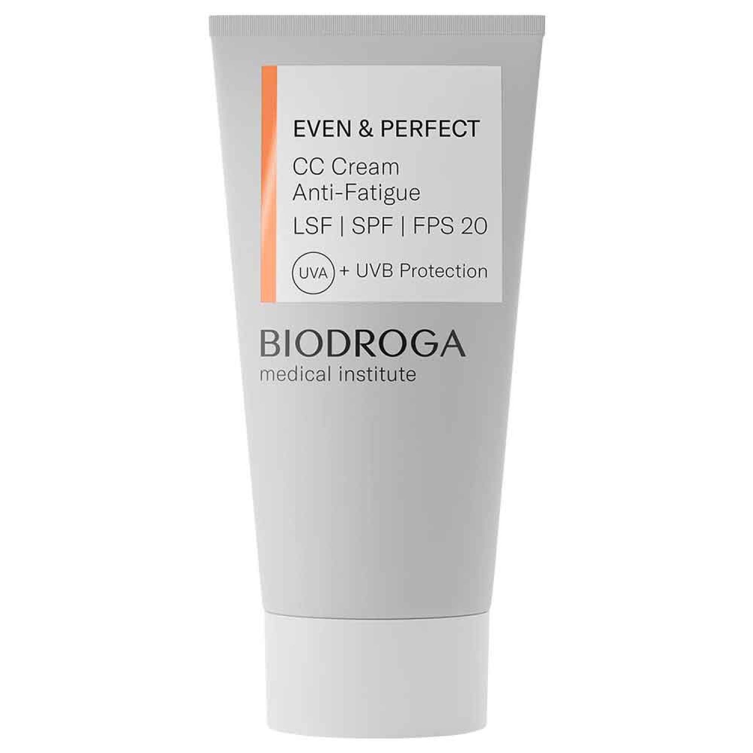 Crèmetube met opschrift EVEN & PERFECT CC Cream Anti-Fatigue, SPF 20, UVA+UVB-bescherming. Merk BIODROGA.