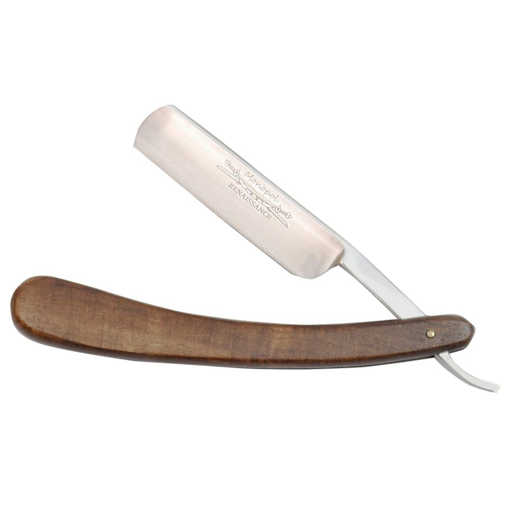 Scheermes met houten handvat. Lemmet met opschrift. Open, op witte achtergrond.