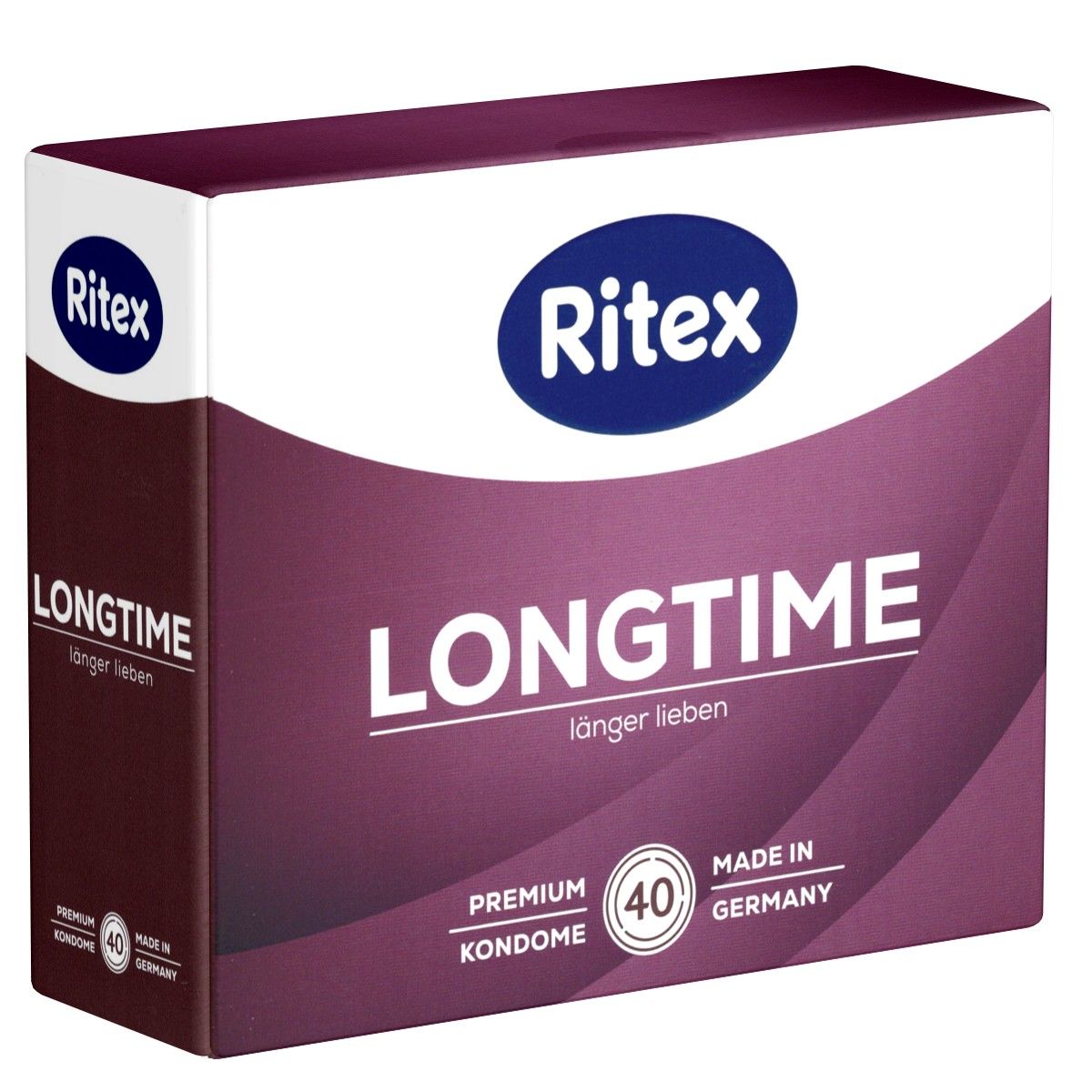Verpakking van Ritex Longtime condooms. Wit-paarse doos met productnaam en logo. Bevat 40 condooms, gemaakt in Duitsland.