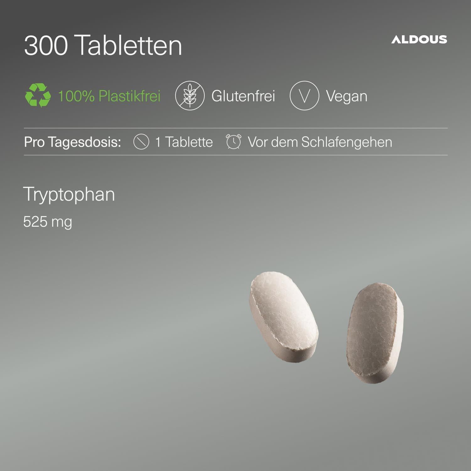 Aldous Tryptophane 525mg: Deux comprimés côte à côte. Texte: 300 comprimés, 100% sans plastique, Sans gluten, Vegan.