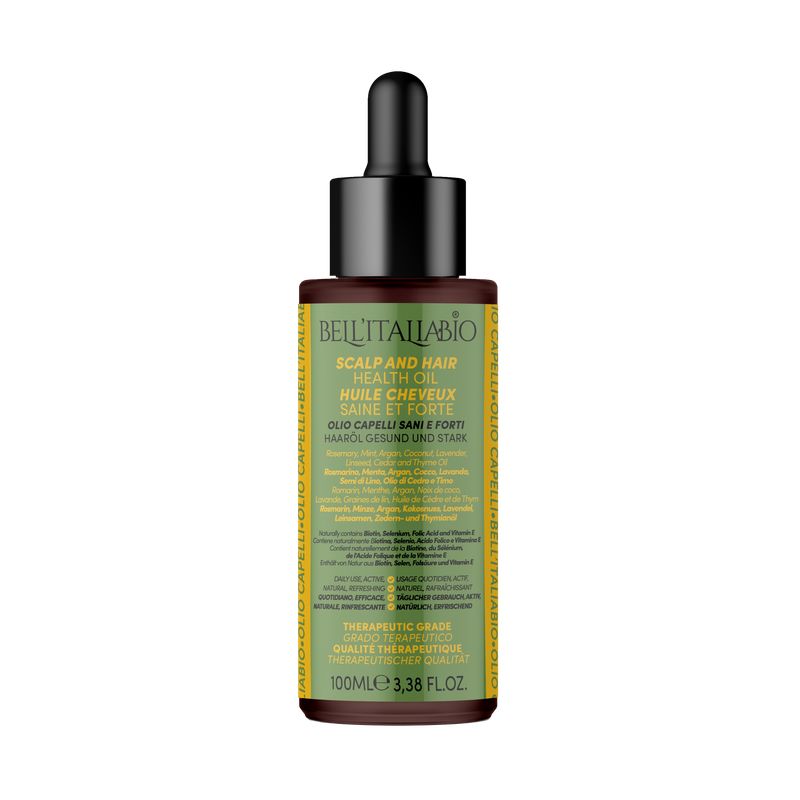 Bruine glazen fles met zwarte druppelaar. Opschrift: BELL'ITALIABIO, SCALP AND HAIR HEALTH OIL, OLIO CAPELLI SANI E FORTI. Groen-geel etiket.