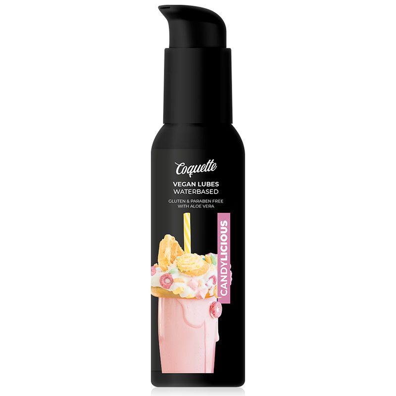 Flacon noir avec pompe doseuse. Inscription: Coquette, Vegan Lubes Waterbased, Candilicious. Illustration d'un milkshake.