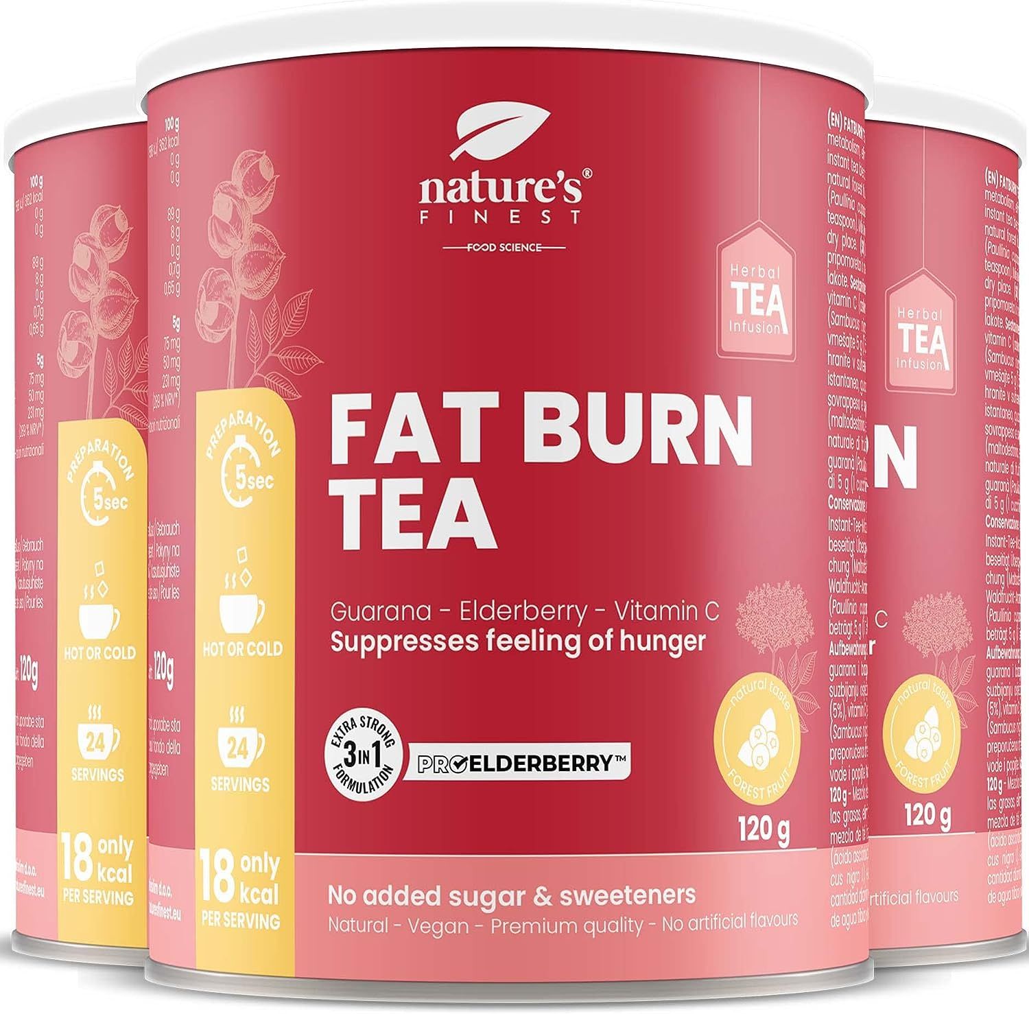 Trois boîtes de Nature's Finest Fatburn Tea. Boîtes rouges avec texte blanc. Contient guarana, sureau et vitamine C. 120g.