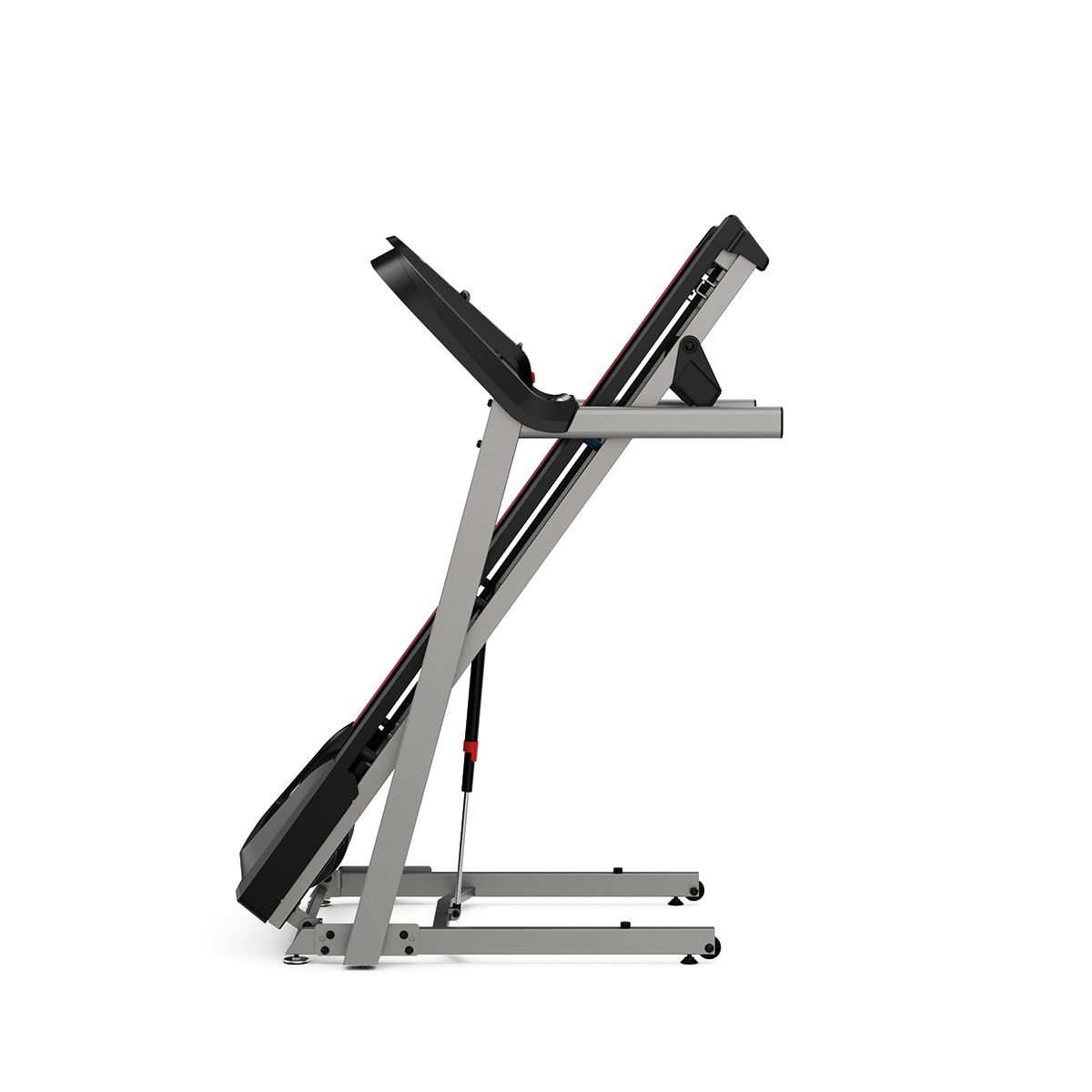 Vue latérale d'un tapis roulant plié. Cadre gris, surface de course noire et console de commande.