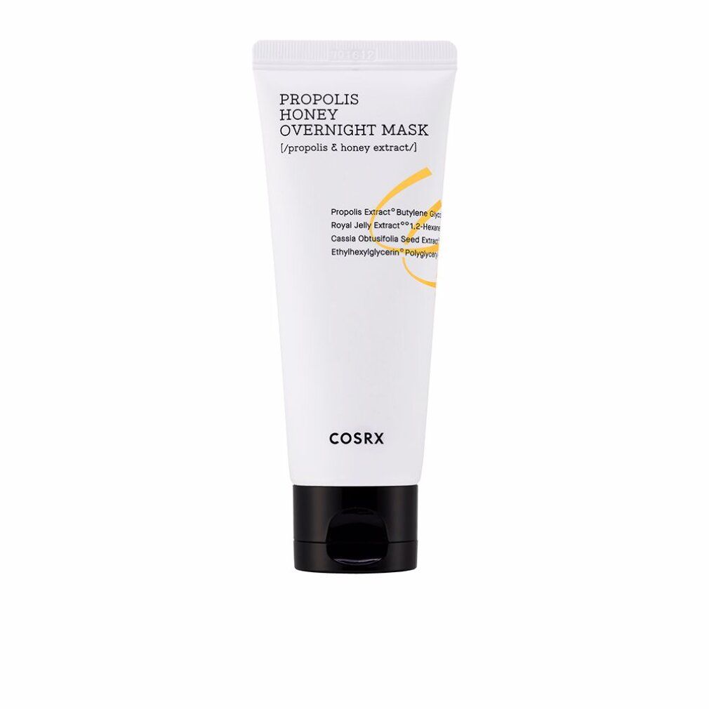 Witte tube met zwarte klepdop. Opschrift: "PROPOLIS HONEY OVERNIGHT MASK".