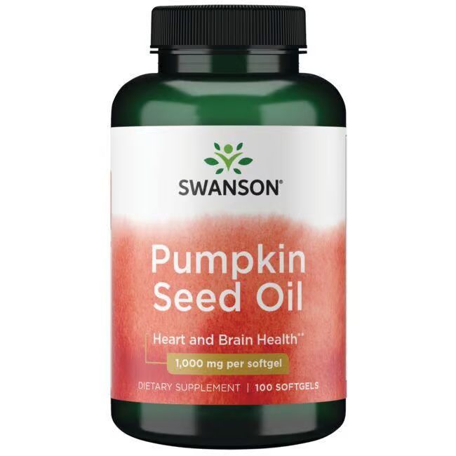 Groene fles met wit etiket. Opschrift: SWANSON Pompoenpitolie, 1000 mg per softgel. Voedingssupplement.