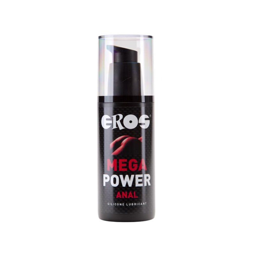Lubrifiant anal Eros Mega Power avec pompe. Flacon noir avec logo argenté et inscription rouge.