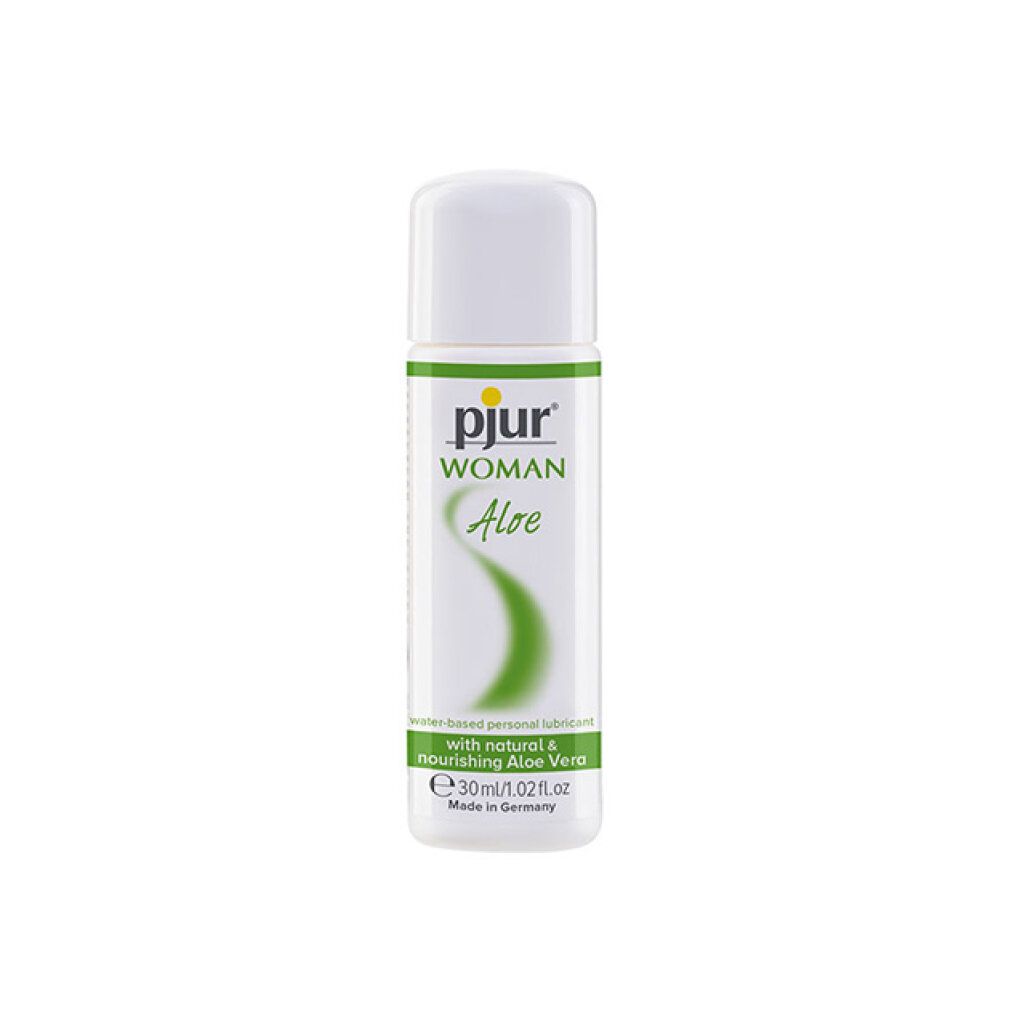 Witte fles met groen etiket. Opschrift: pjur WOMAN Aloe. Bevat 30ml/1.02 fl.oz. Glijmiddel op waterbasis.