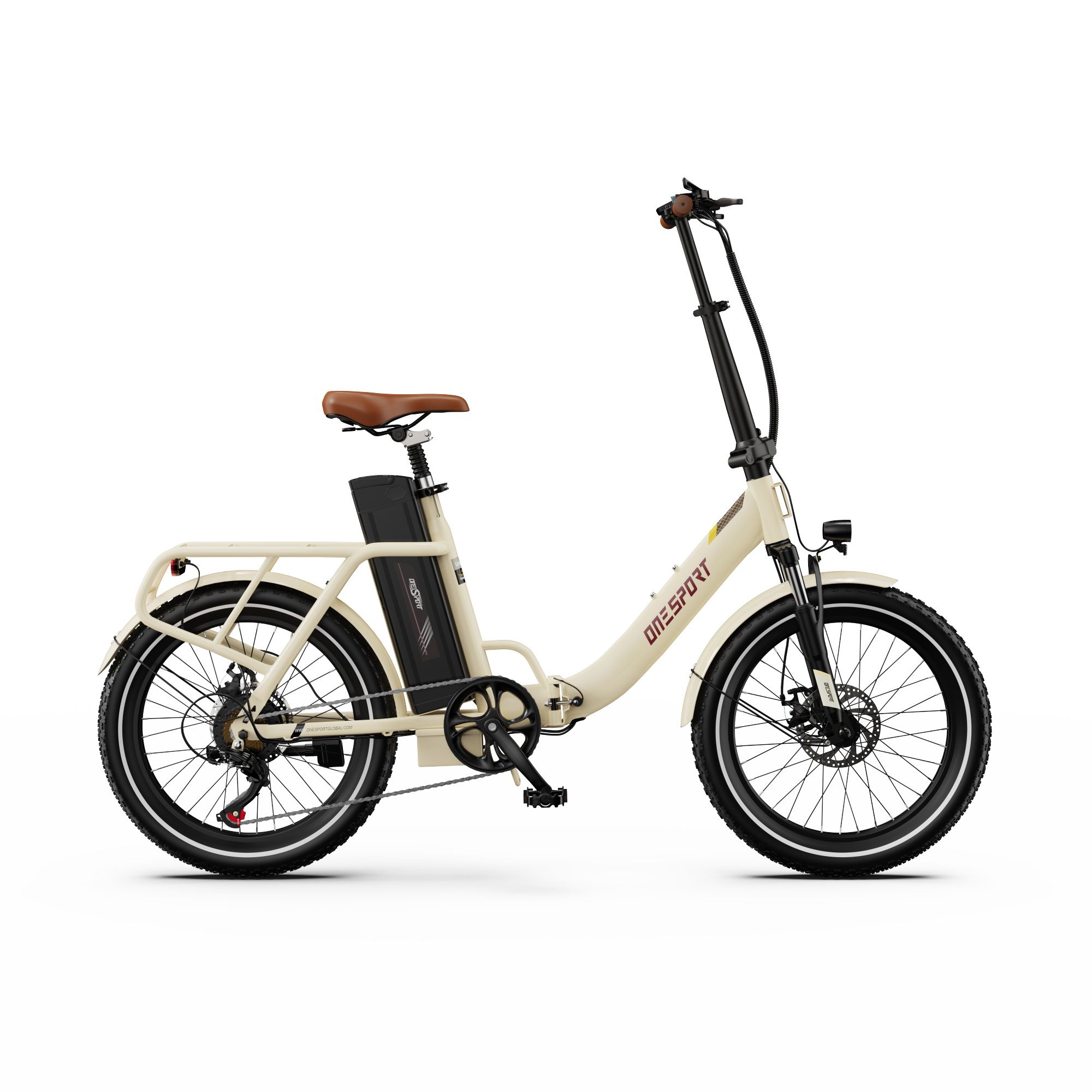 Vélo électrique beige, selle et guidon marron. Logo ONESPORT. Pneus noirs et batterie.