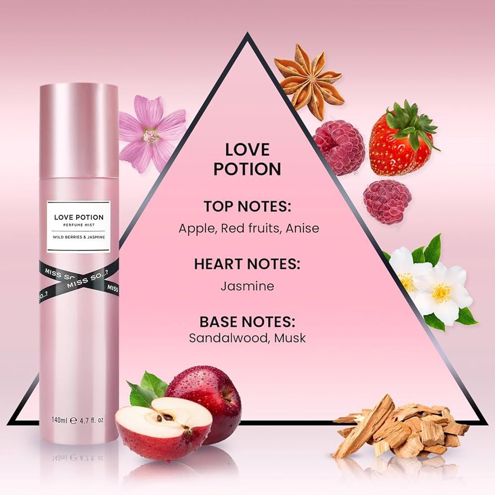 Vaporisateur corporel rose avec étiquette blanche. Inscription : Love Potion, Wild Berries & Jasmine, Miss So...?. Avec fruits et épices.