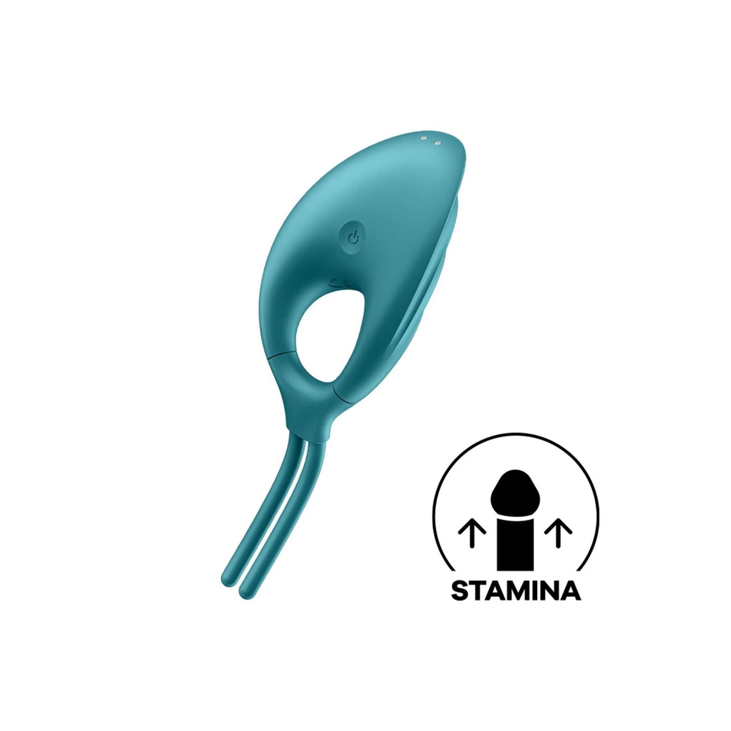 Turquoise ringvibrator met ovale kop en twee staven. Symbool voor uithoudingsvermogen.