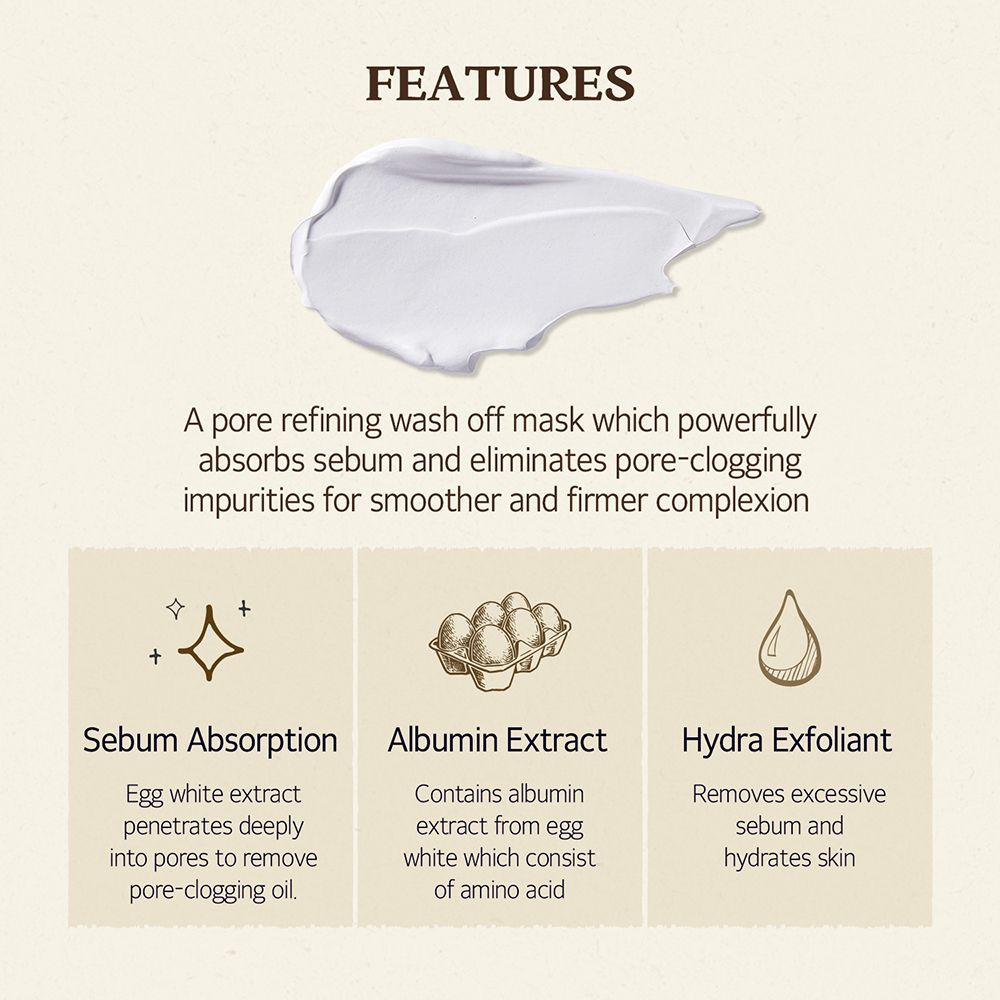 Texte avec titre: FEATURES. Texte et icônes sur les ingrédients du masque.